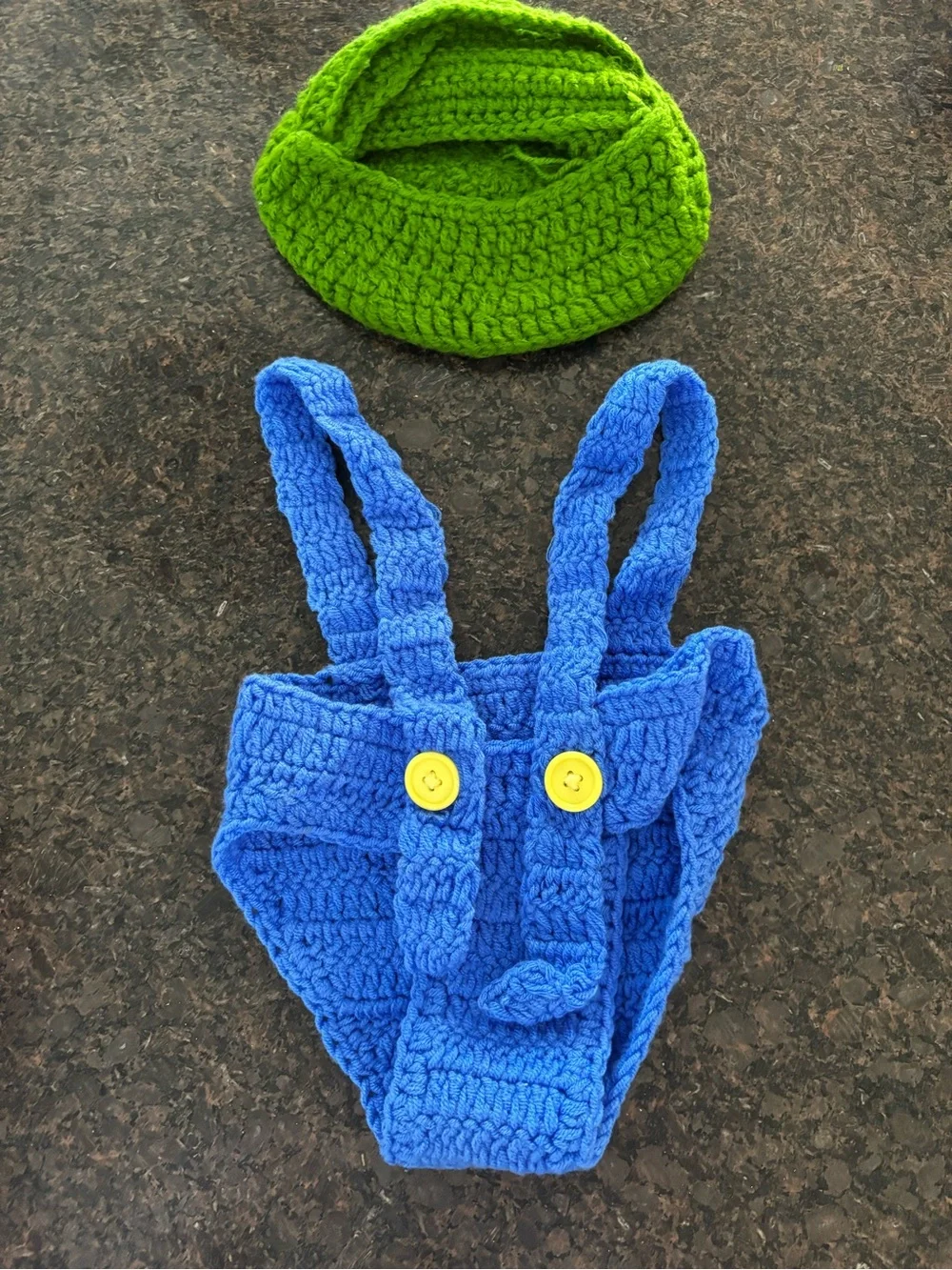 Infant Crochet Luigi Hat and Blue Overalls Set - Green & Blue